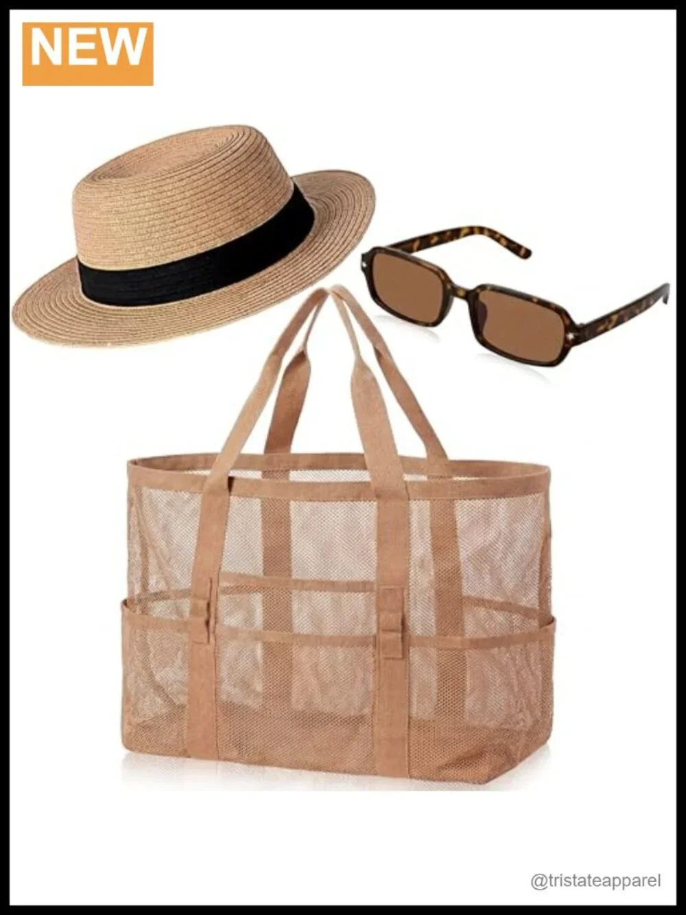 Summer Beach Accessories Set Mesh Tote Straw Hat Sunglasses UV Protection